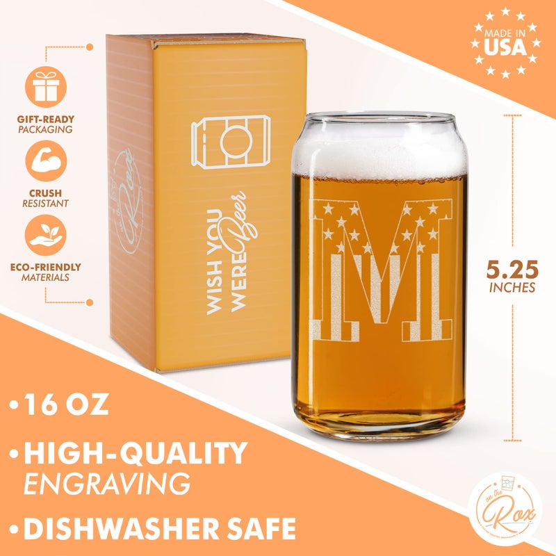 On The Rox Monogram Beer Glasses for Men (A-Z) 16 oz - Beer Gifts for Men Brother Son Dad Neighbor - Unique Gifts for Him - Personalized Drinking Gift Beer Glass Mugs - Engraved Beer Can Glass (M) - Image 2